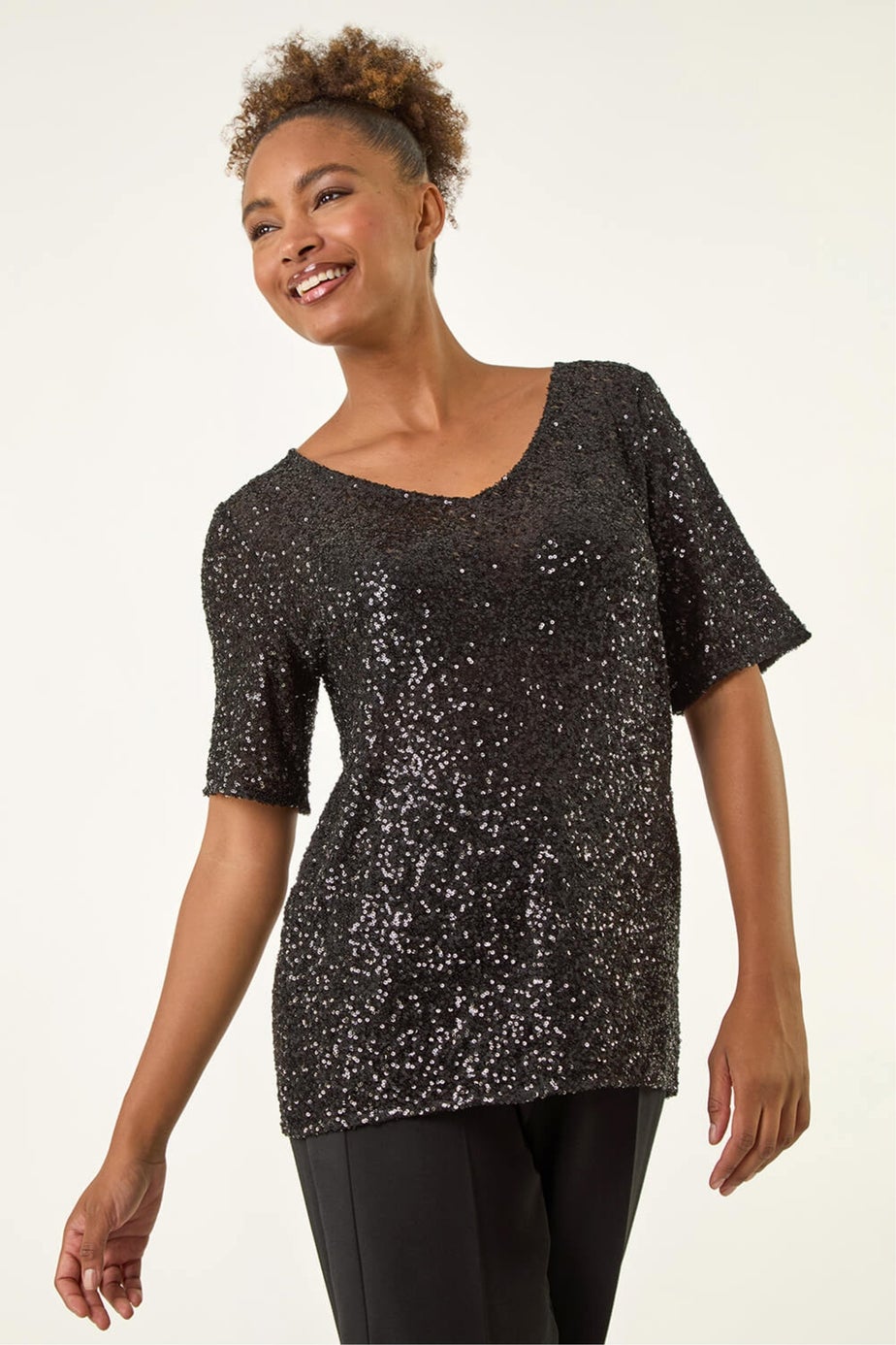 Roman Black Sequin Embellished V-Neck Top
