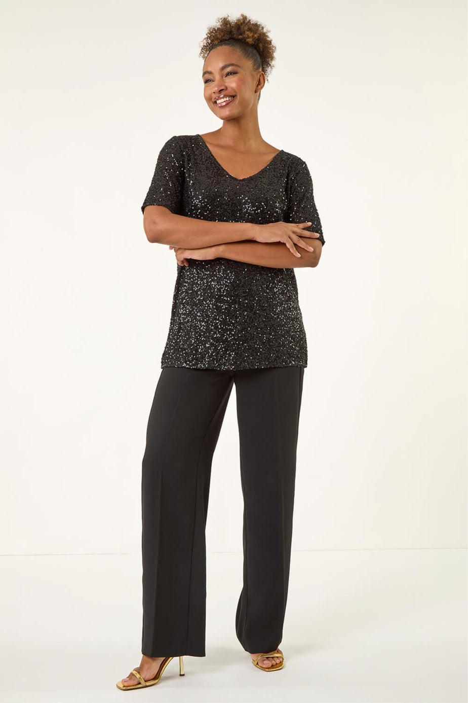 Roman Black Sequin Embellished V-Neck Top
