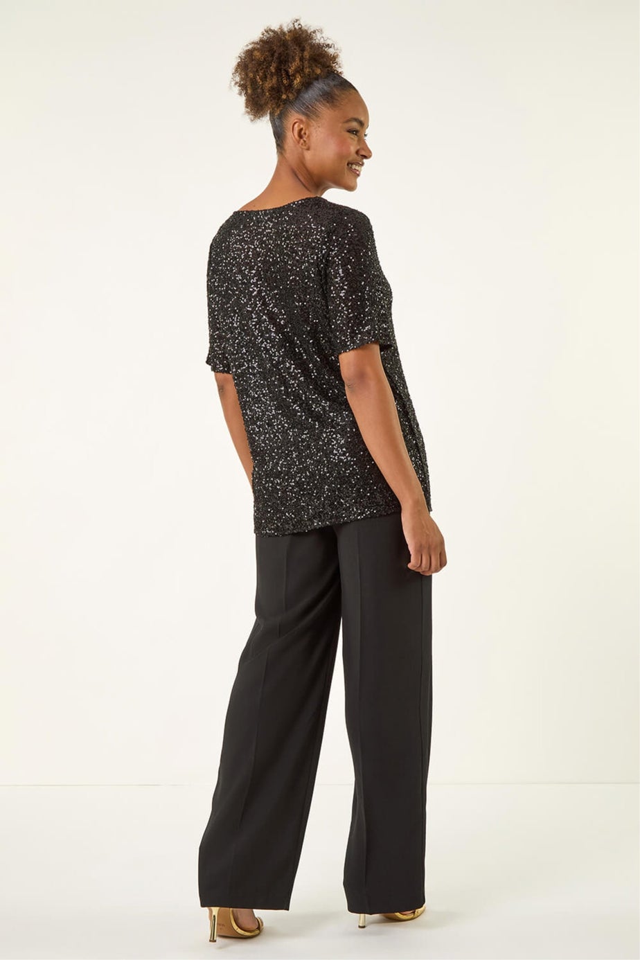 Roman Black Sequin Embellished V-Neck Top