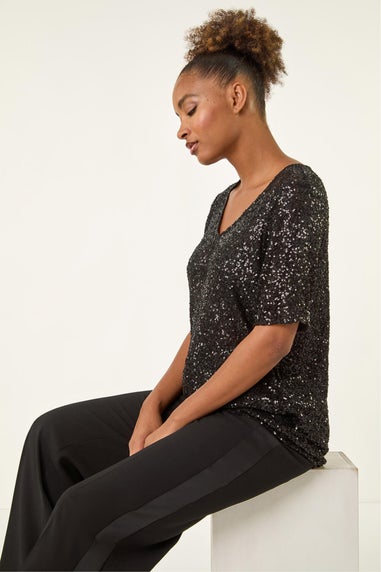 Roman Black Sequin Embellished V-Neck Top
