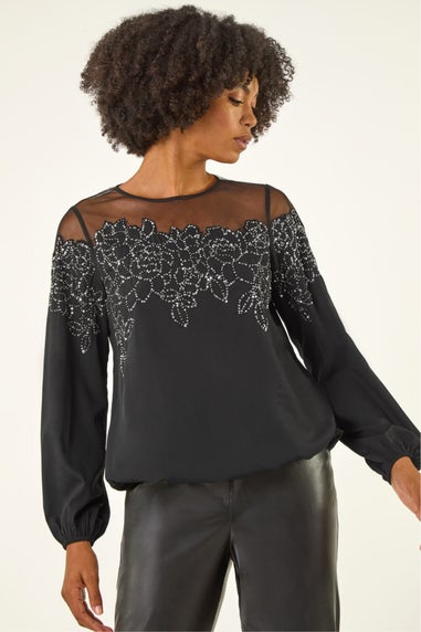 Roman Black Sequin Floral Sheer Top