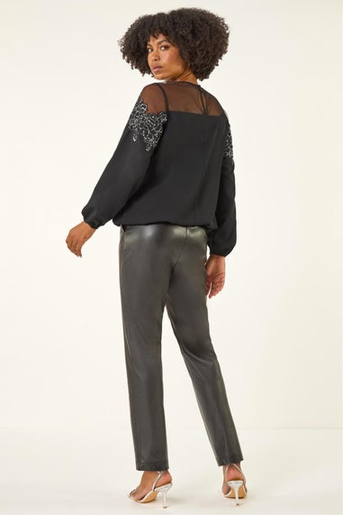 Roman Black Sequin Floral Sheer Top