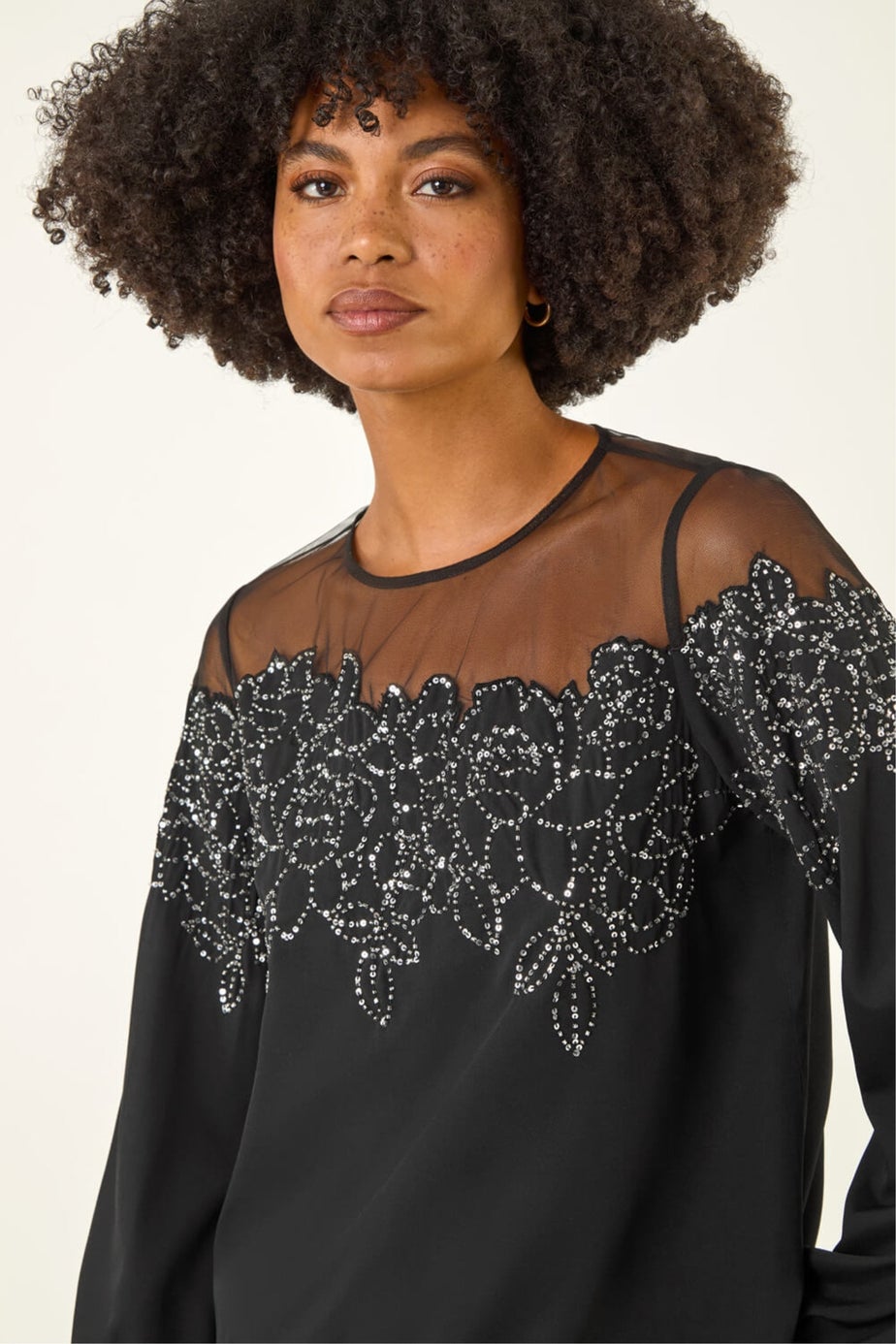 Roman Black Sequin Floral Sheer Top