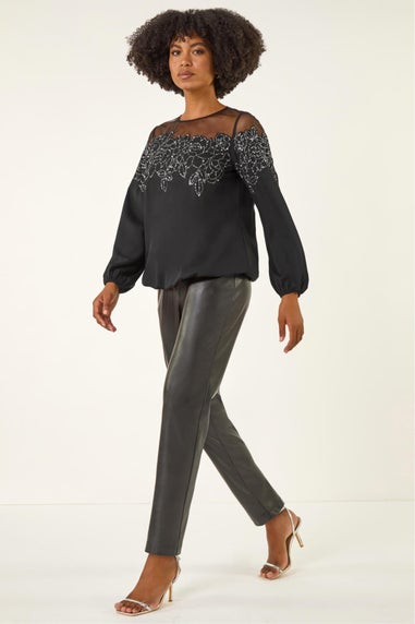 Roman Black Sequin Floral Sheer Top