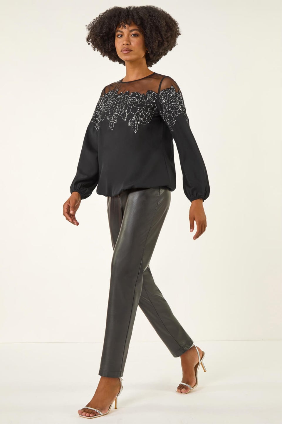 Roman Black Sequin Floral Sheer Top