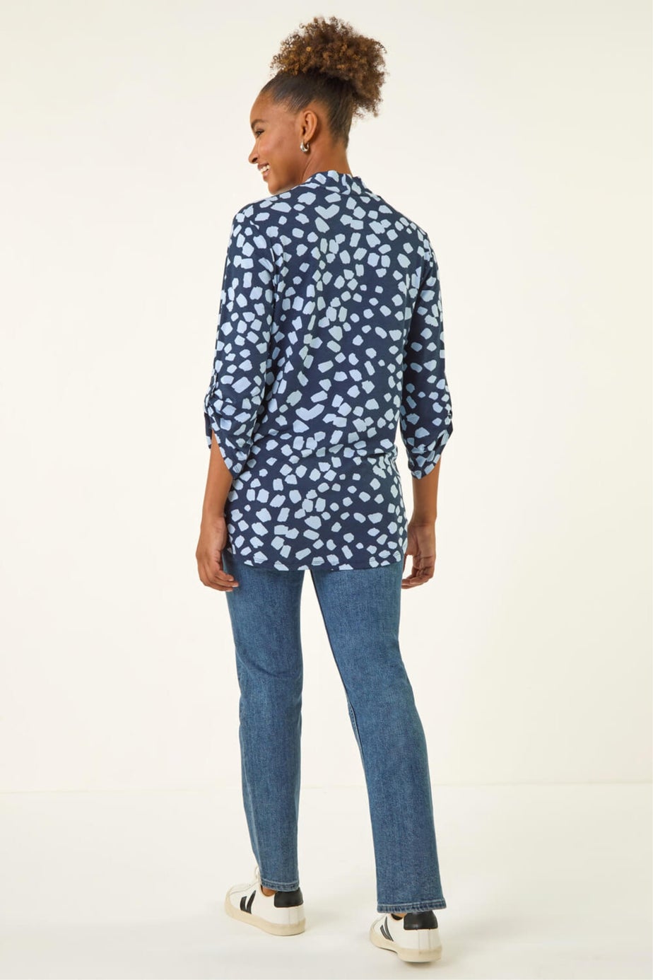 Roman Navy Spot Print V-Neck Stretch Top