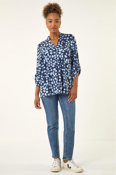 Roman Navy Spot Print V-Neck Stretch Top