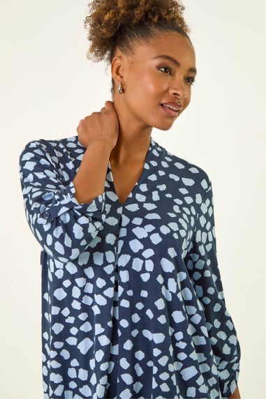 Roman Navy Spot Print V-Neck Stretch Top