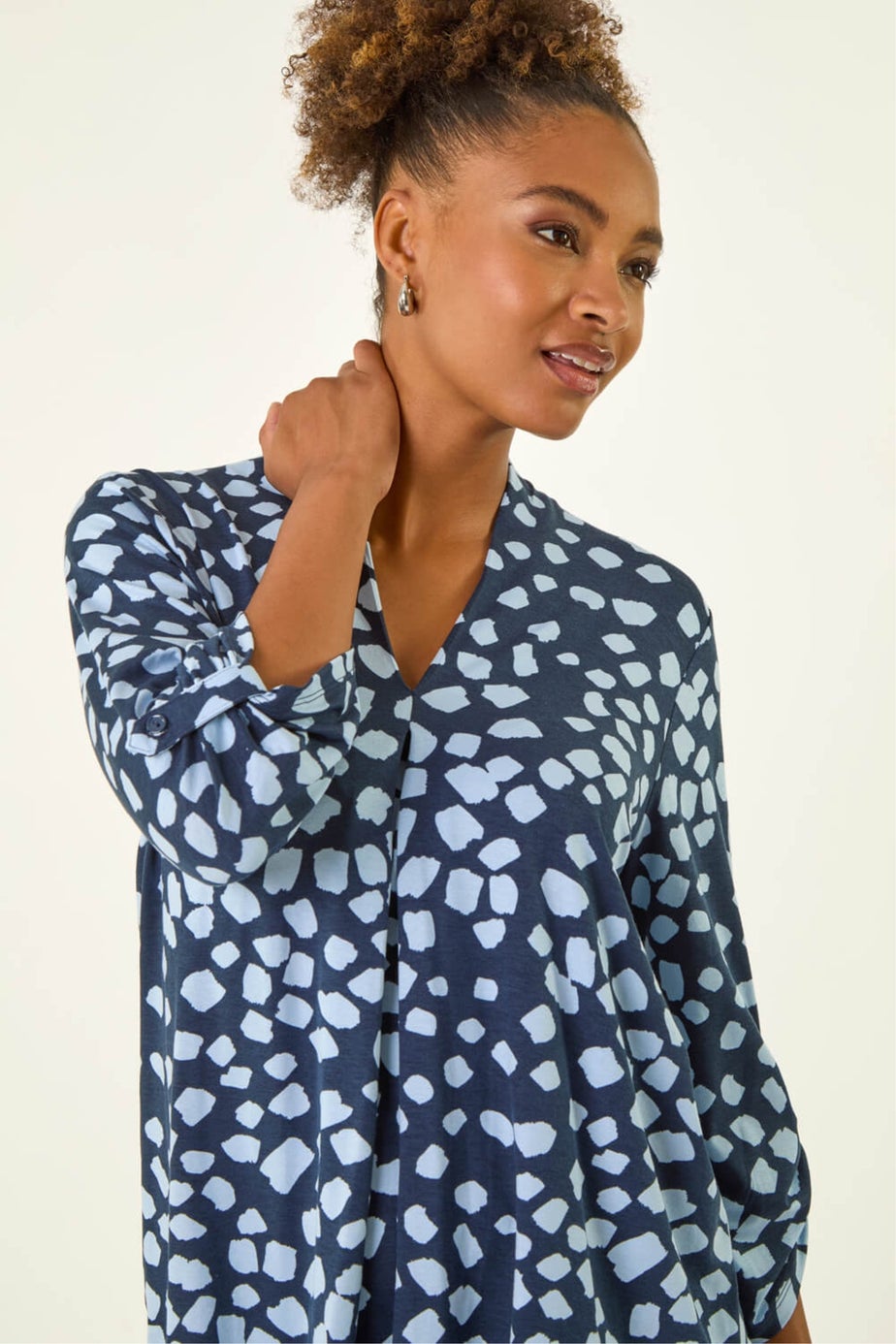 Roman Navy Spot Print V-Neck Stretch Top