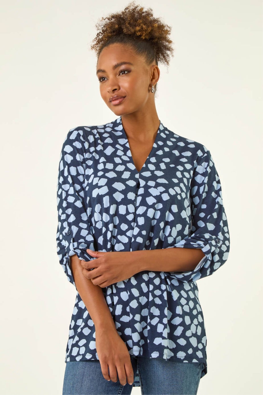Roman Navy Spot Print V-Neck Stretch Top