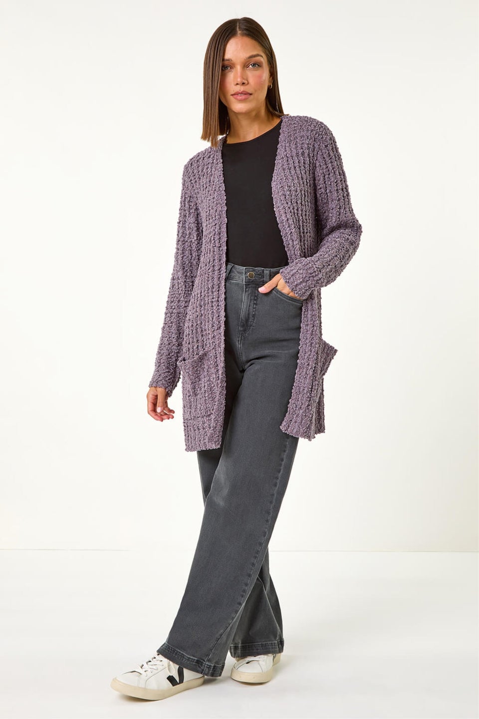 Roman Ash Popcorn Textured Longline Cardigan