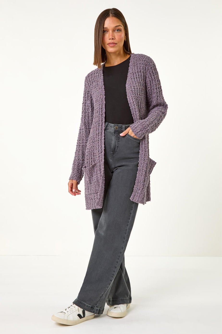 Roman Ash Popcorn Textured Longline Cardigan