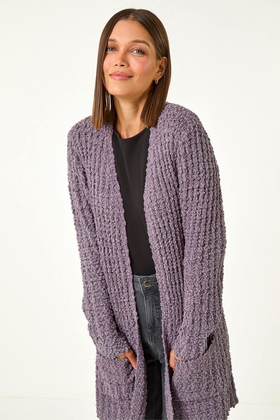 Roman Ash Popcorn Textured Longline Cardigan