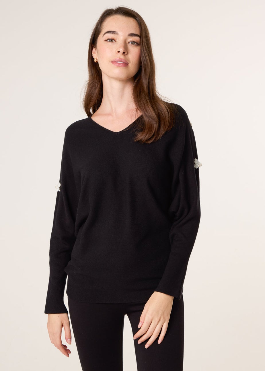 Blue Vanilla Black V-Neck Batwing Shoulder Pearl Detailing Jumper