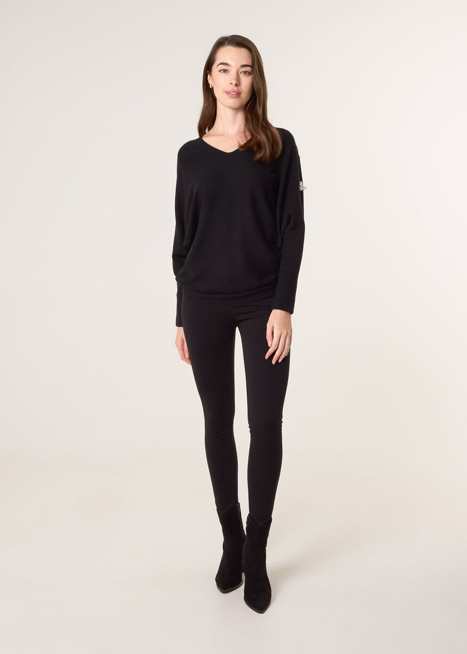 Blue Vanilla Black V-Neck Batwing Shoulder Pearl Detailing Jumper