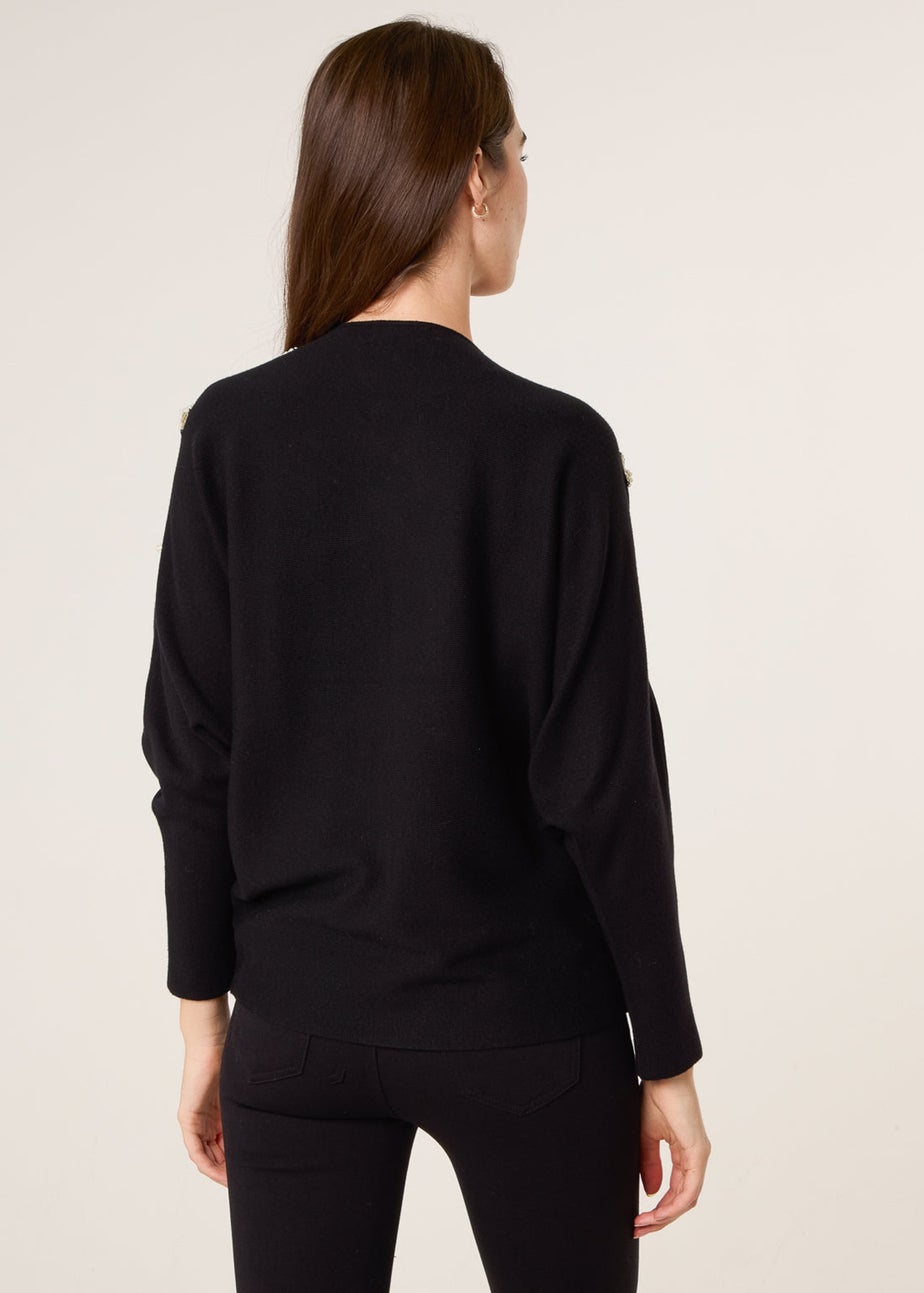 Blue Vanilla Black V-Neck Batwing Shoulder Pearl Detailing Jumper