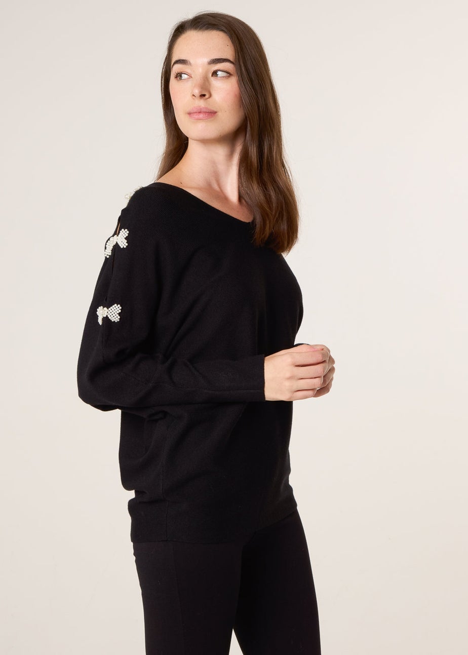 Blue Vanilla Black V-Neck Batwing Shoulder Pearl Detailing Jumper