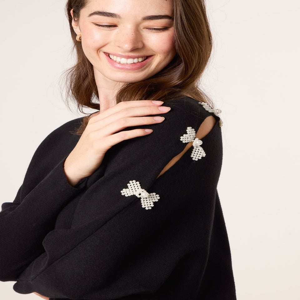 Blue Vanilla Black V-Neck Batwing Shoulder Pearl Detailing Jumper