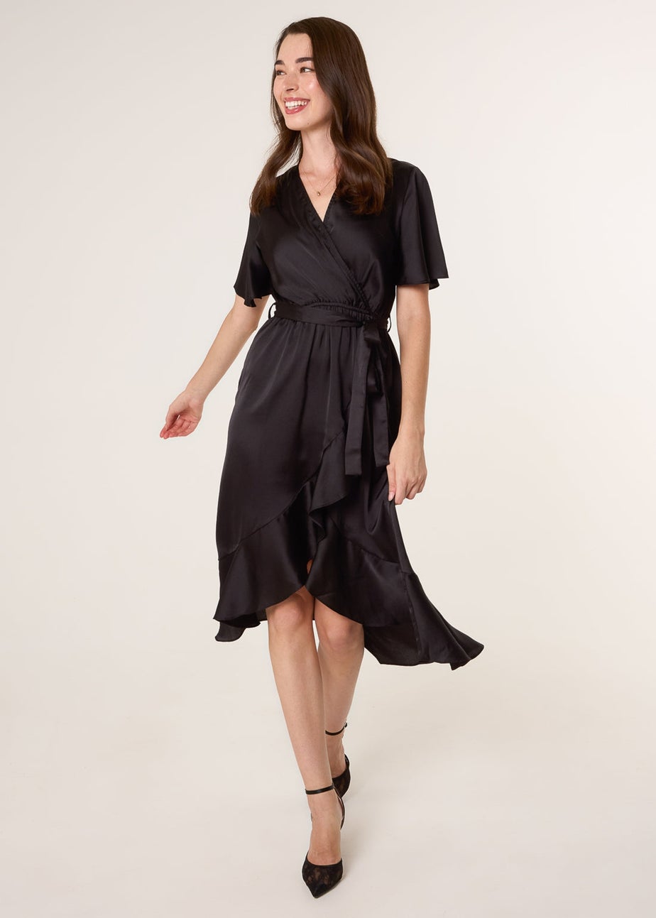 Blue Vanilla Black Satin Wrap Frill High To Low Midi Dress