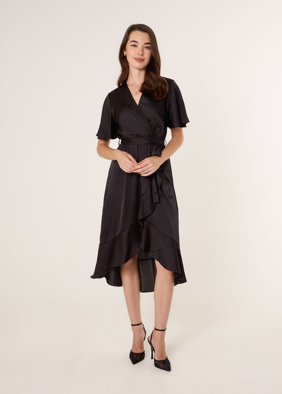 Blue Vanilla Black Satin Wrap Frill High To Low Midi Dress