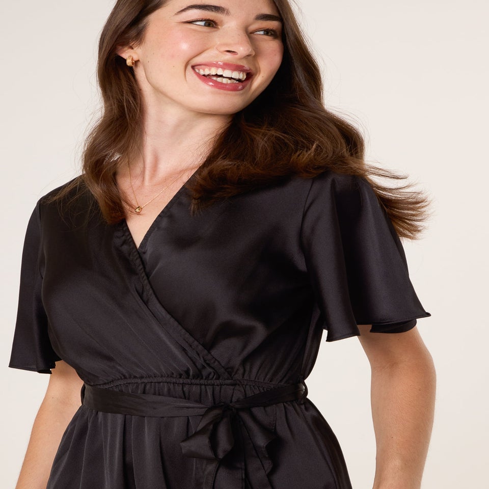 Blue Vanilla Black Satin Wrap Frill High To Low Midi Dress