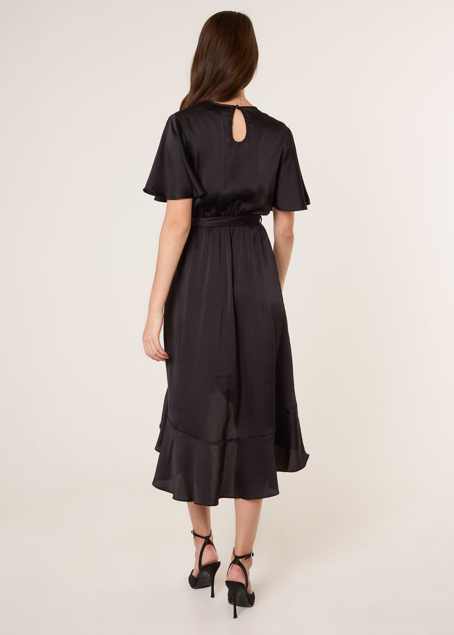 Blue Vanilla Black Satin Wrap Frill High To Low Midi Dress