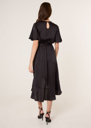 Blue Vanilla Black Satin Wrap Frill High To Low Midi Dress