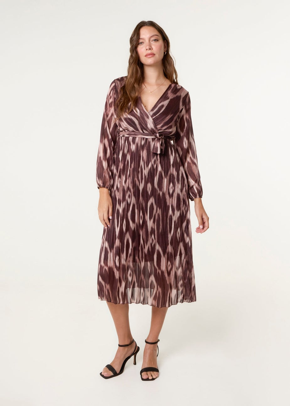 Blue Vanilla Brown Crossover Metallic Pleated Dress