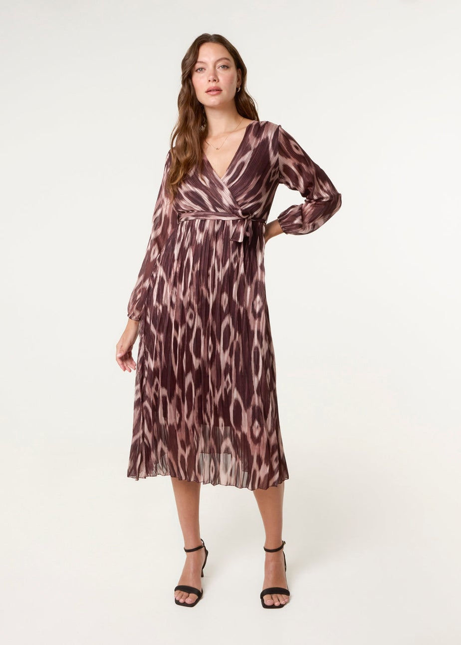 Blue Vanilla Brown Crossover Metallic Pleated Dress