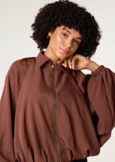 Blue Vanilla Brown Drape Puffball Zipper Jacket