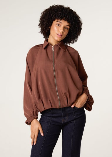 Blue Vanilla Brown Drape Puffball Zipper Jacket