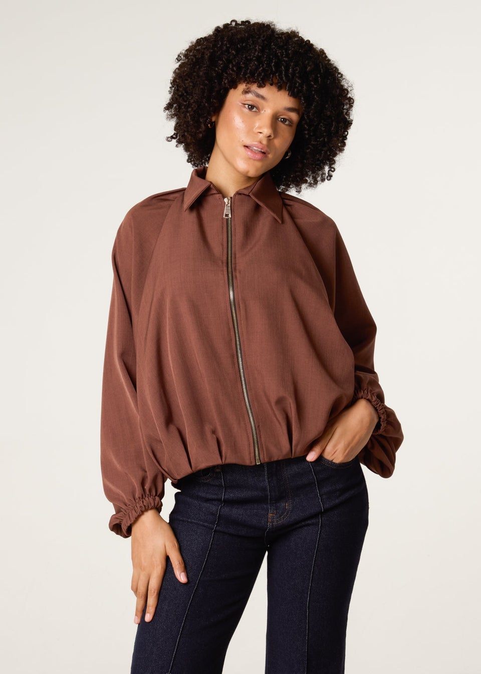 Blue Vanilla Brown Drape Puffball Zipper Jacket