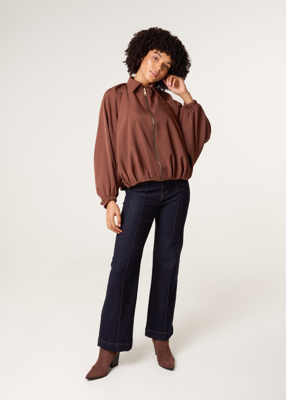 Blue Vanilla Brown Drape Puffball Zipper Jacket