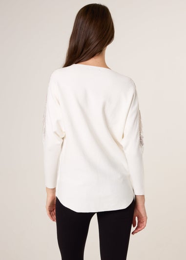 Blue Vanilla Ivory Crew Neck Batwing Shoulder Pearl Detailing Jumper