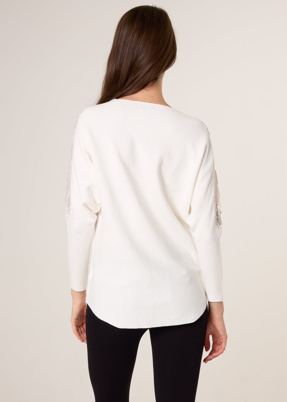 Blue Vanilla Ivory Crew Neck Batwing Shoulder Pearl Detailing Jumper