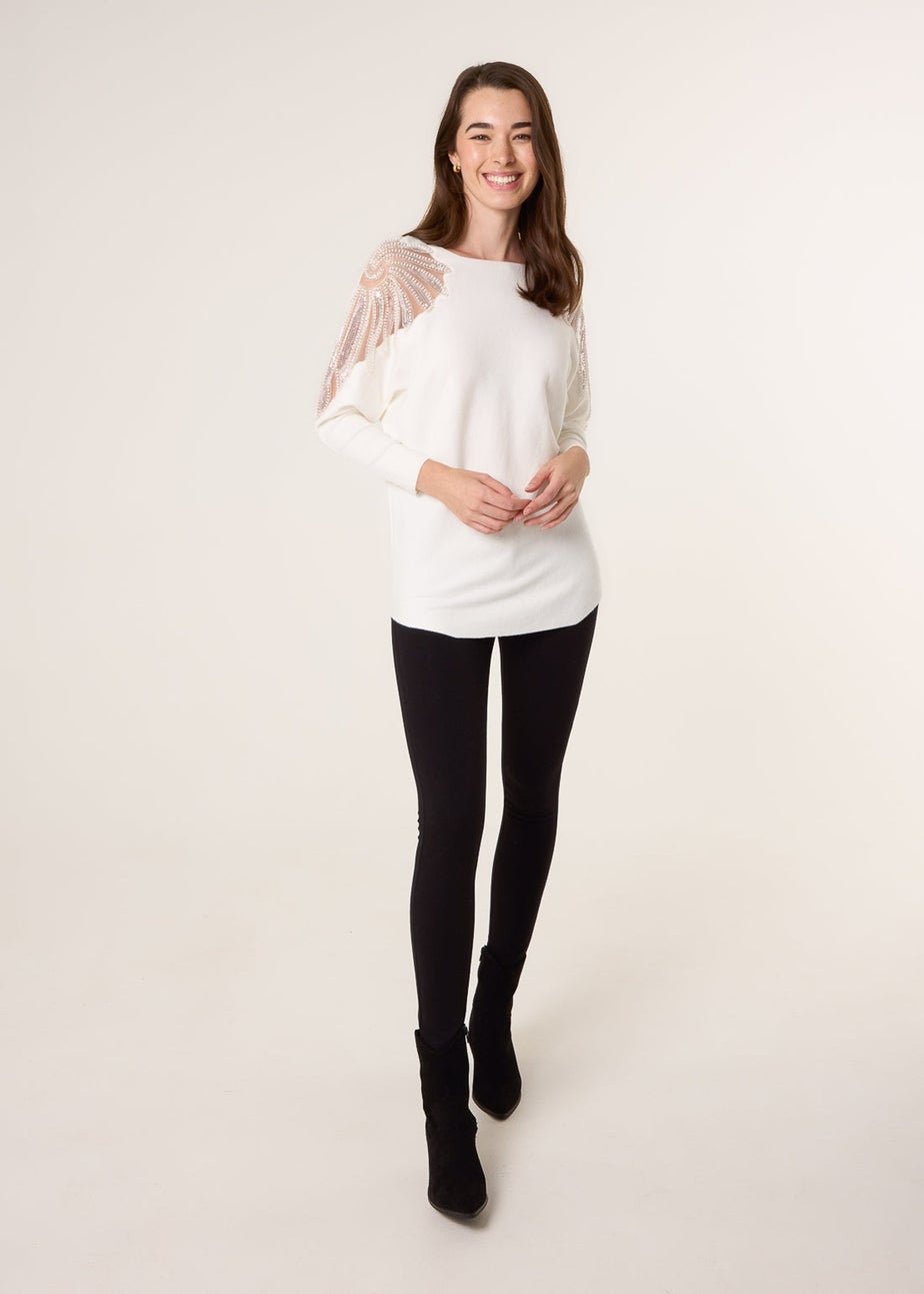 Blue Vanilla Ivory Crew Neck Batwing Shoulder Pearl Detailing Jumper