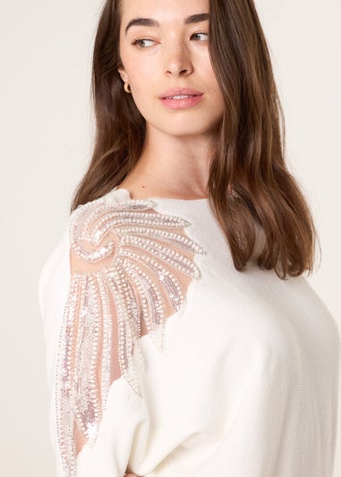 Blue Vanilla Ivory Crew Neck Batwing Shoulder Pearl Detailing Jumper