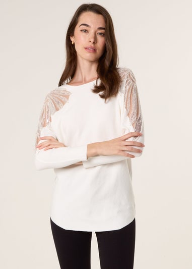 Blue Vanilla Ivory Crew Neck Batwing Shoulder Pearl Detailing Jumper