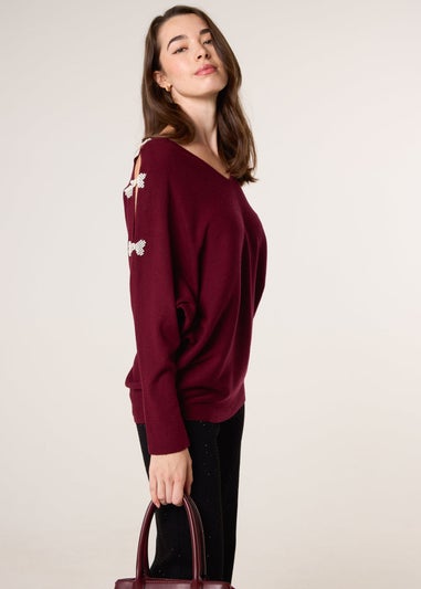Blue Vanilla Red V-Neck Batwing Shoulder Pearl Detailing Jumper