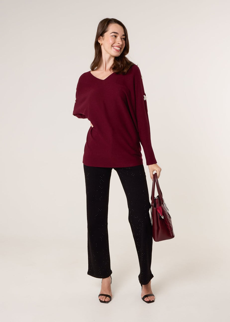 Blue Vanilla Red V-Neck Batwing Shoulder Pearl Detailing Jumper