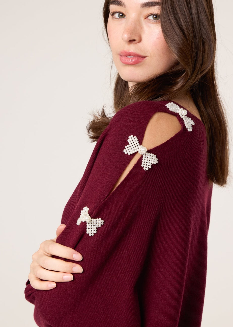 Blue Vanilla Red V-Neck Batwing Shoulder Pearl Detailing Jumper