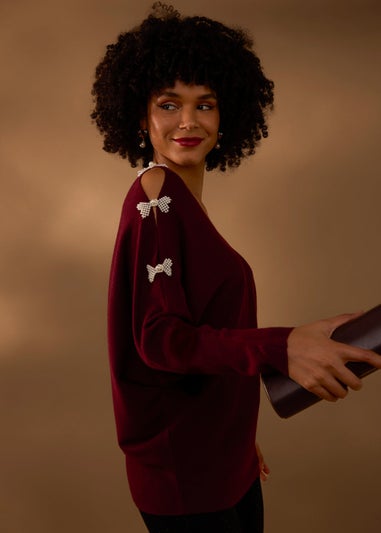 Blue Vanilla Red V-Neck Batwing Shoulder Pearl Detailing Jumper