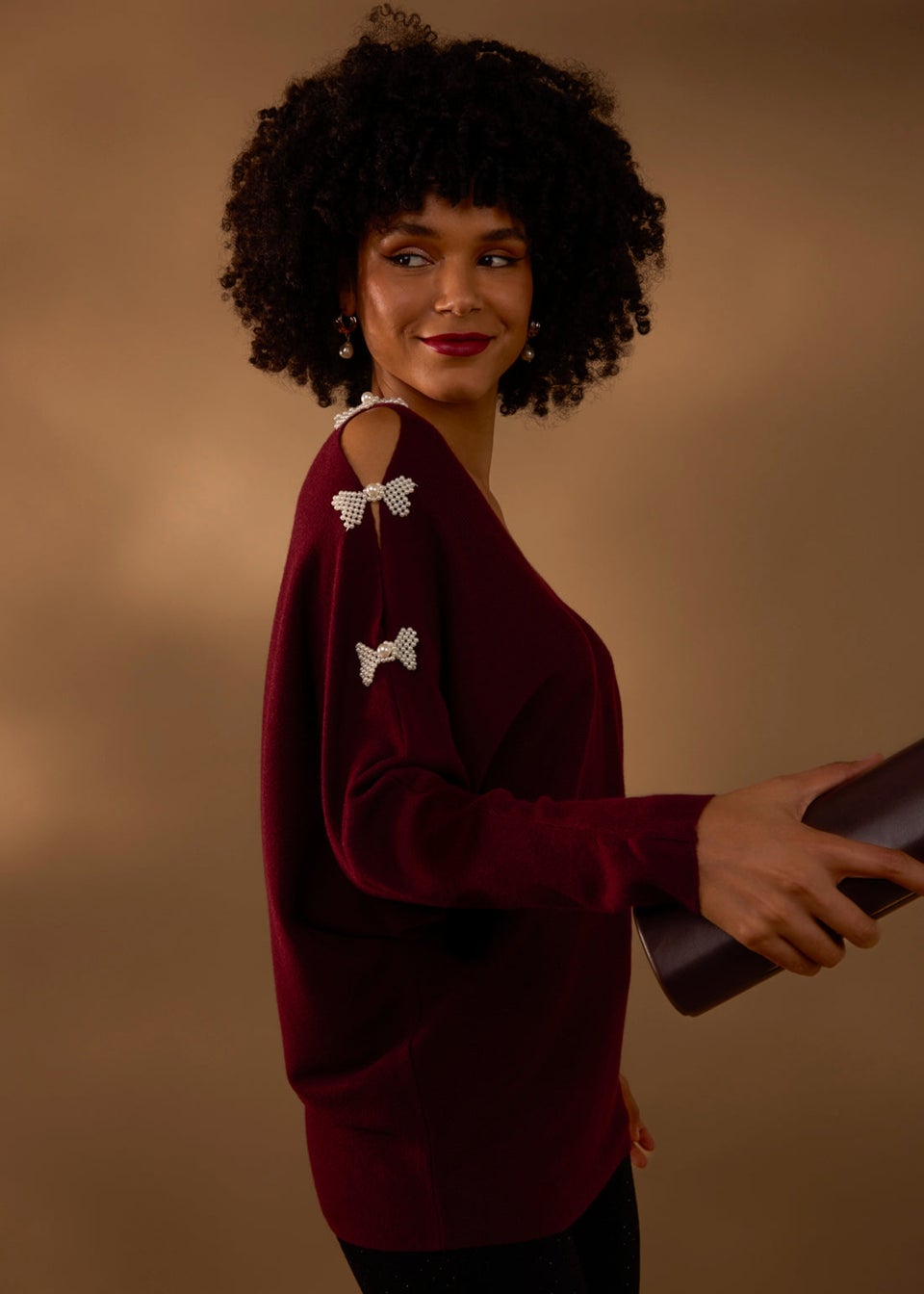 Blue Vanilla Red V-Neck Batwing Shoulder Pearl Detailing Jumper