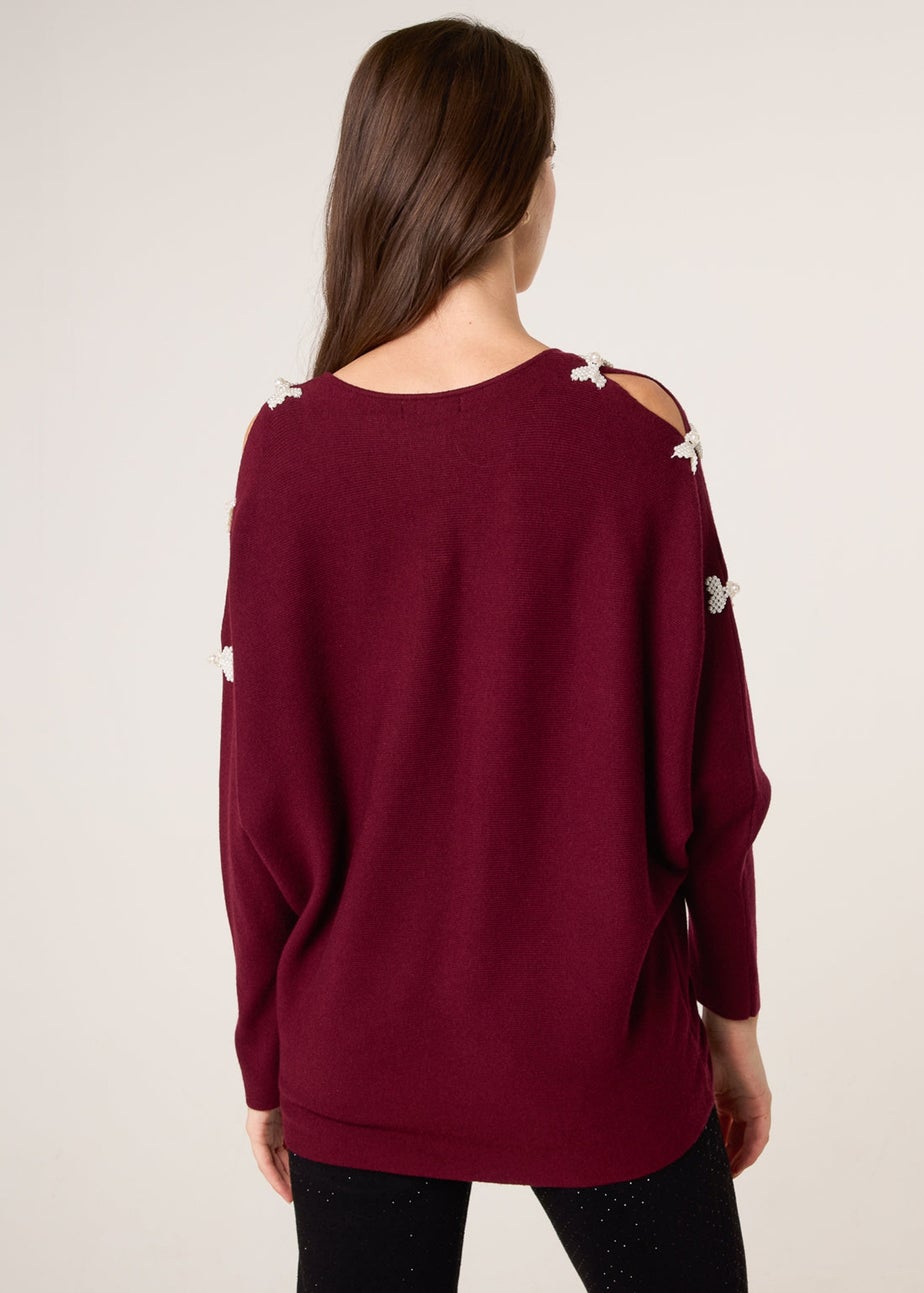 Blue Vanilla Red V-Neck Batwing Shoulder Pearl Detailing Jumper
