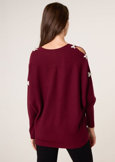 Blue Vanilla Red V-Neck Batwing Shoulder Pearl Detailing Jumper