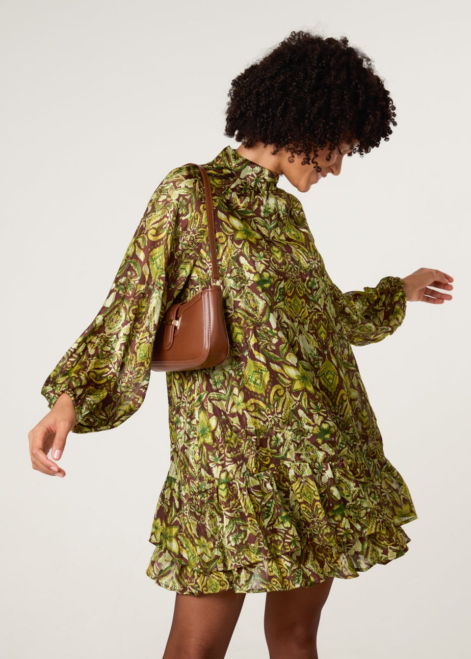 Blue Vanilla Brown High Neck Frill Hem Dress