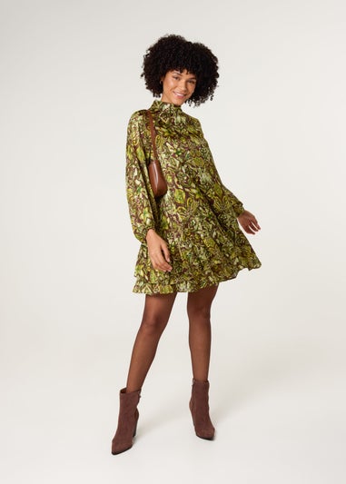 Blue Vanilla Brown High Neck Frill Hem Dress