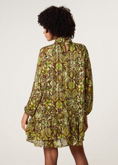 Blue Vanilla Brown High Neck Frill Hem Dress