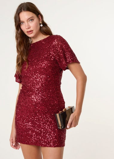 Blue Vanilla Red Satin Bow Back Sequin Dress