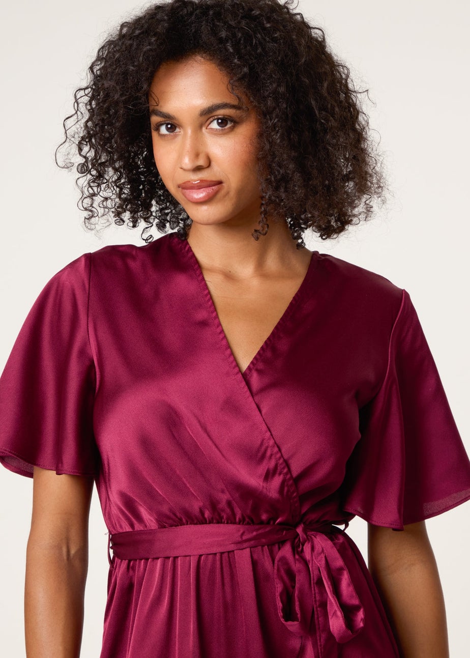 Blue Vanilla Red Satin Wrap Frill High To Low Midi Dress